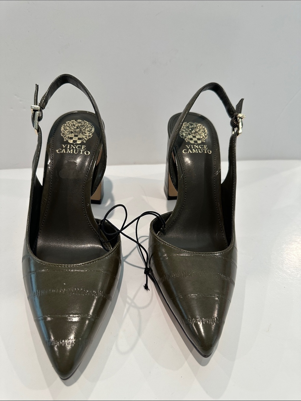 Vince CAMUTO Olive Half Block 4” Slingback Heels with Side Buckle.